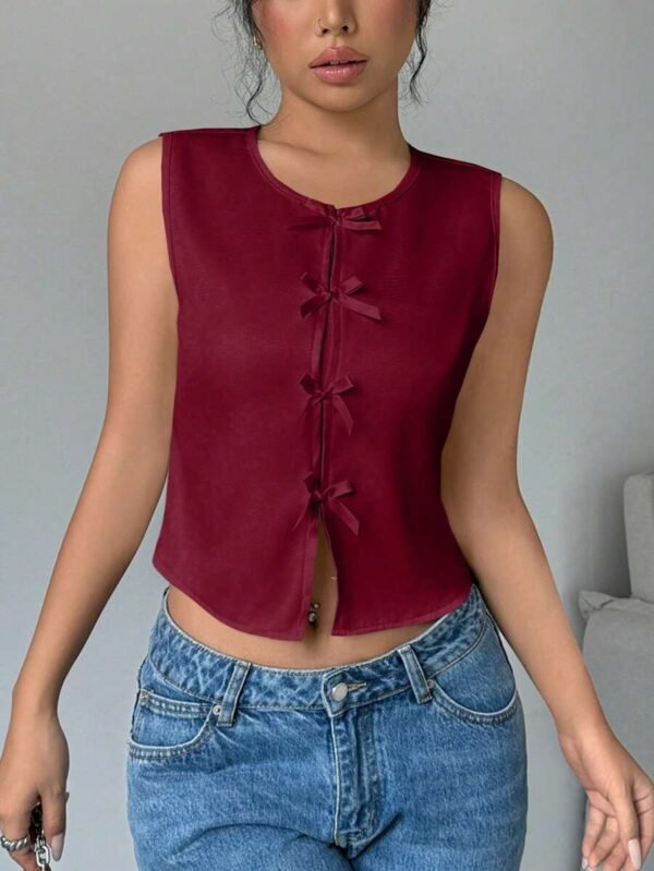 Top sin mangas corto con lazo decorativo de unicolor casual para mujer