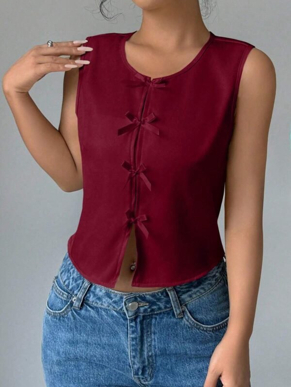 Top sin mangas corto con lazo decorativo de unicolor casual para mujer - Imagen 2
