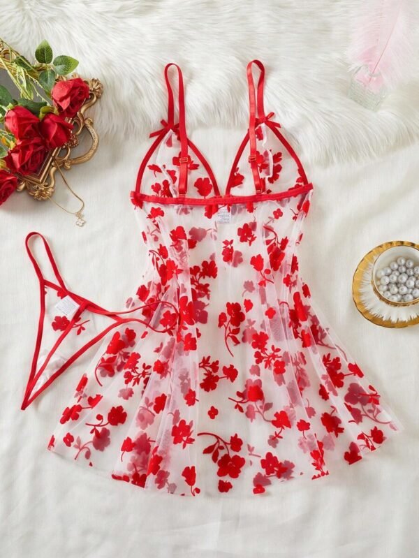 Conjunto de lencería de mujer con vestido de malla con adorno floral y tanga - Imagen 3