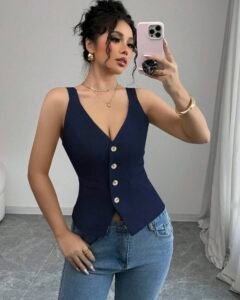 Top de tirantes casual de mujer con cuello en V y abotonado sencillo