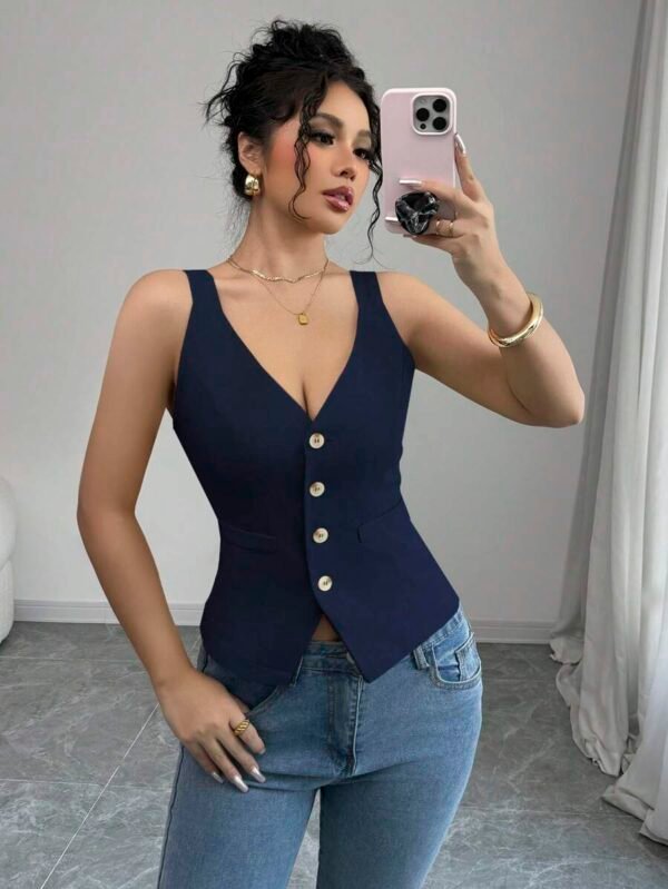 Top de tirantes casual de mujer con cuello en V y abotonado sencillo