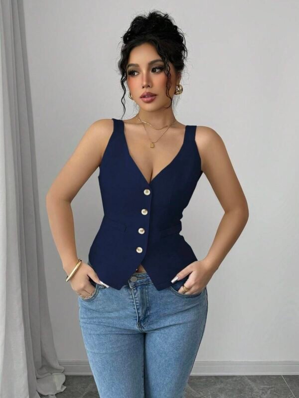 Top de tirantes casual de mujer con cuello en V y abotonado sencillo - Imagen 2