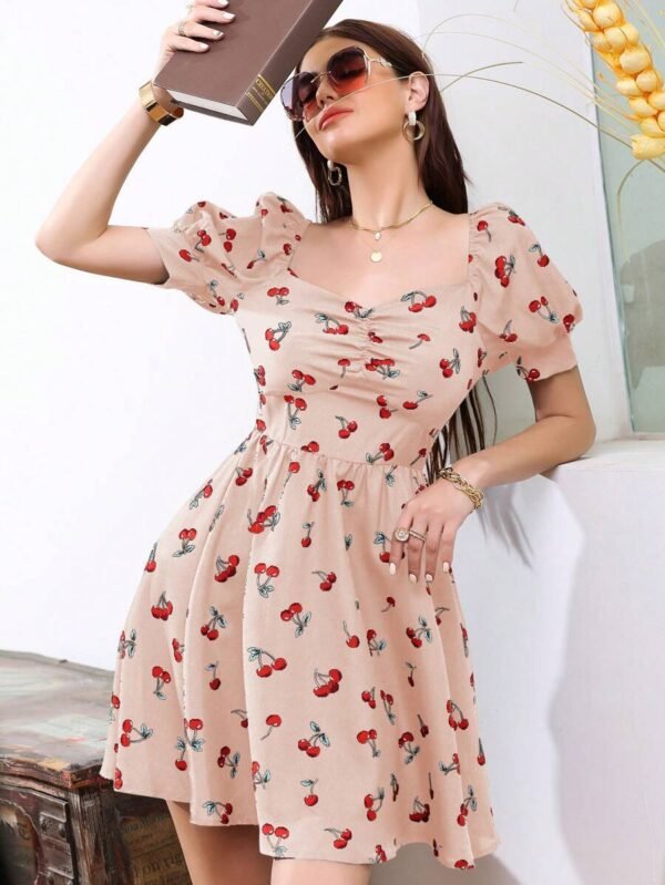 Vestido De Manga Corta Con Estampado De Cereza Y Mangas Abullonadas