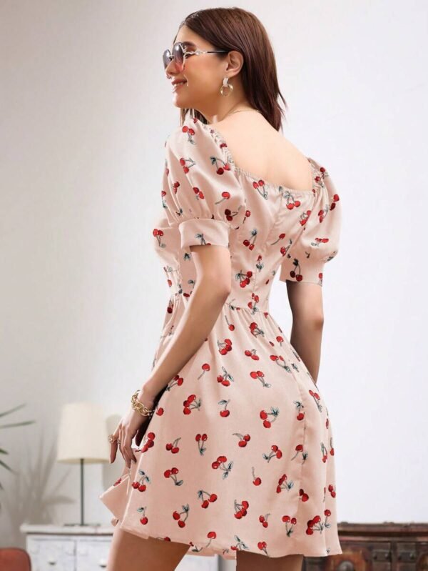 Vestido De Manga Corta Con Estampado De Cereza Y Mangas Abullonadas - Imagen 3