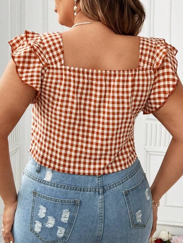 Blusa de cuadros de talla grande con cuello cuadrado - Imagen 3