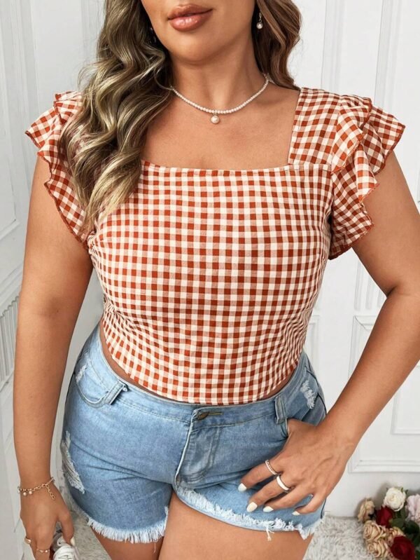 Blusa de cuadros de talla grande con cuello cuadrado