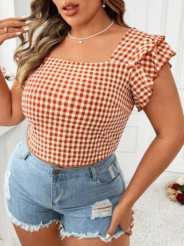 Blusa de cuadros de talla grande con cuello cuadrado - Imagen 2