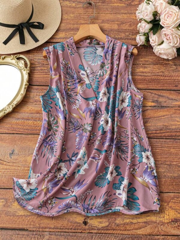 Blusa de talla grande con cuello en V sin mangas con estampado