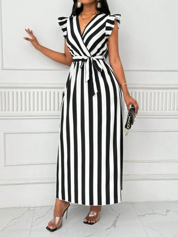 Vestido largo de mujer con cintura entallada y cuello en V - Imagen 2