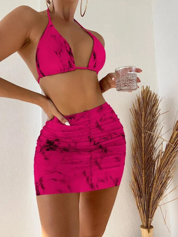 Bañador bikini triángulo con estampado de mármol con falda