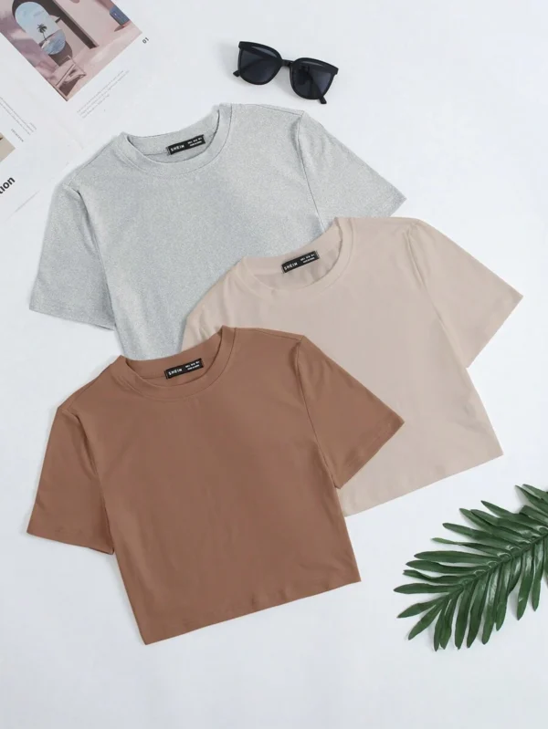 Camiseta sólida de cuello redondo para mujer