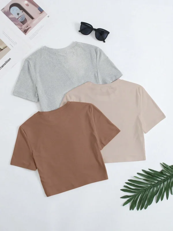 Camiseta sólida de cuello redondo para mujer - Imagen 3