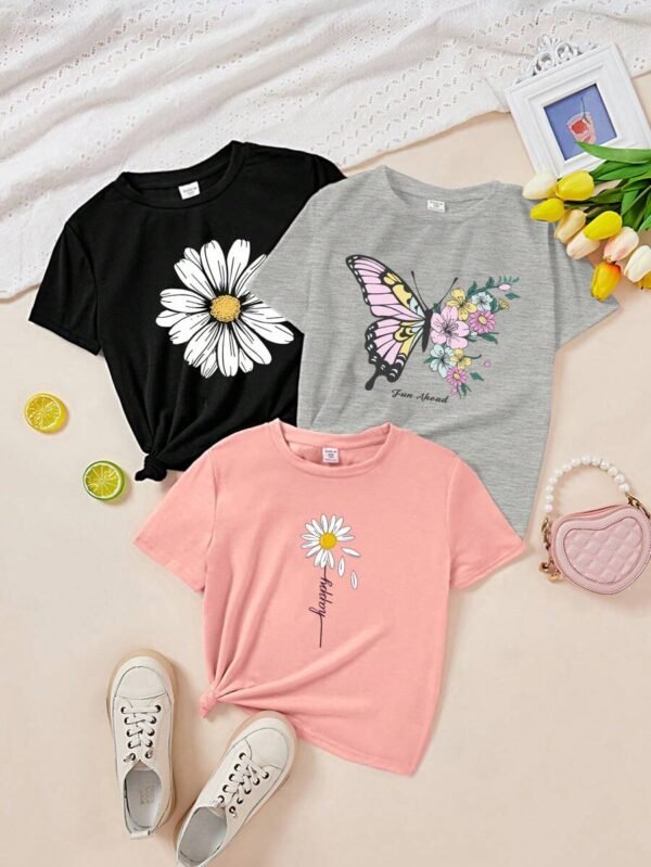 Top cuello redondo con estampado de mariposa y flor para mujer