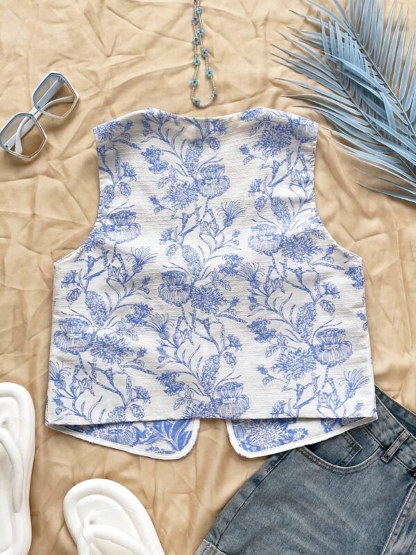 Top con lazo en la cintura y estampado azul y blanco con textura - Imagen 3