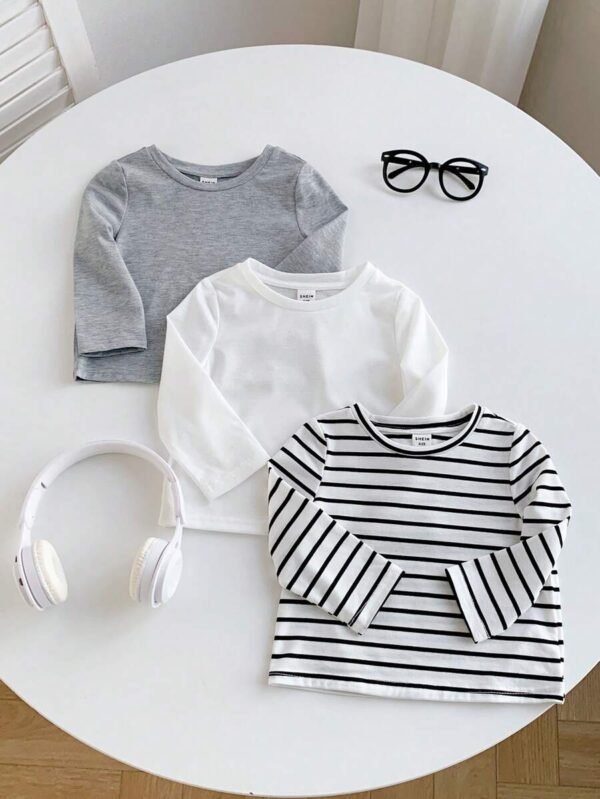 Camiseta manga larga a rayas y lisas unicolor para niños bebés