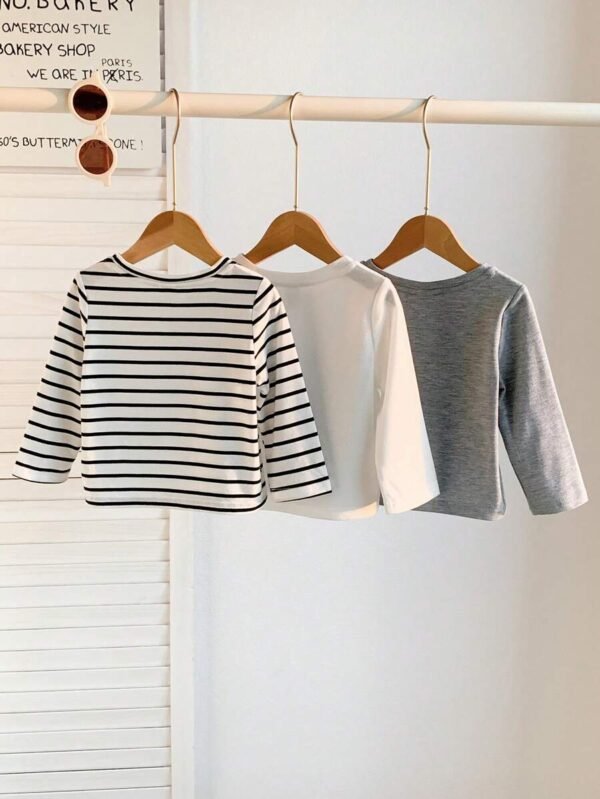 Camiseta manga larga a rayas y lisas unicolor para niños bebés - Imagen 3