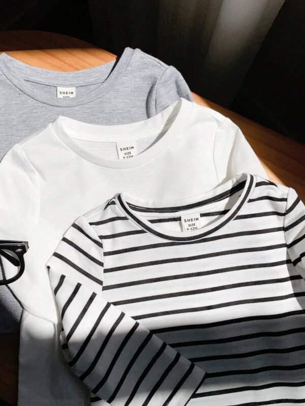 Camiseta manga larga a rayas y lisas unicolor para niños bebés - Imagen 2