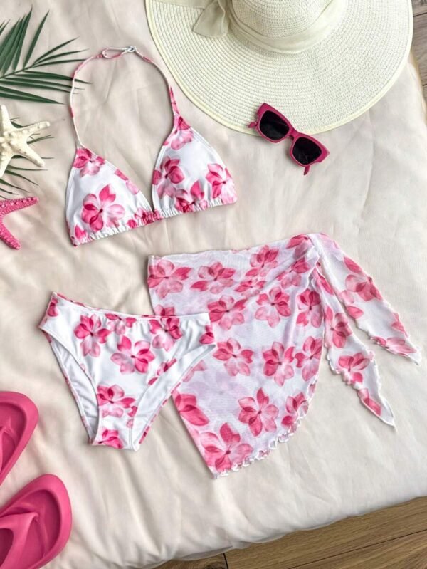 Conjunto de bikini de 3 piezas con estampado floral para adolescentes
