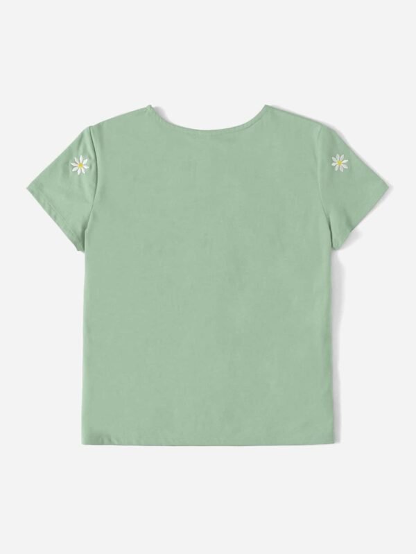 Camiseta De Manga Corta Verde Bordada Con Margaritas Florales - Imagen 3