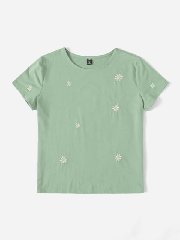 Camiseta De Manga Corta Verde Bordada Con Margaritas Florales