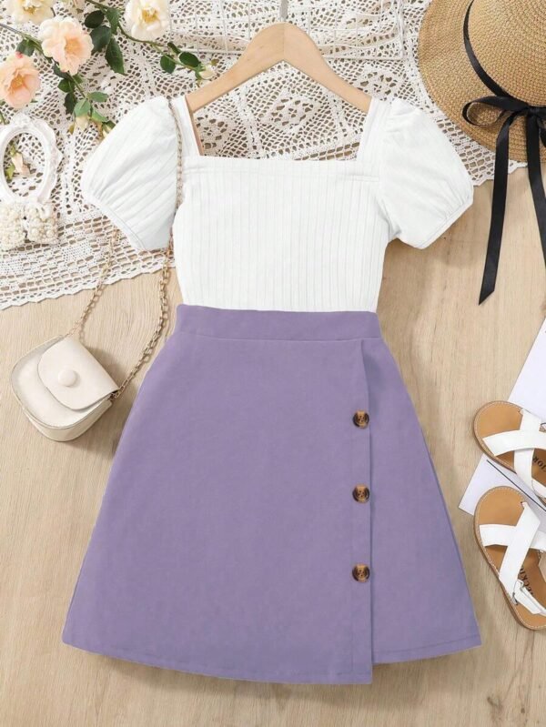 Set de 2 piezas camiseta de cuello redondo y falda para niñas