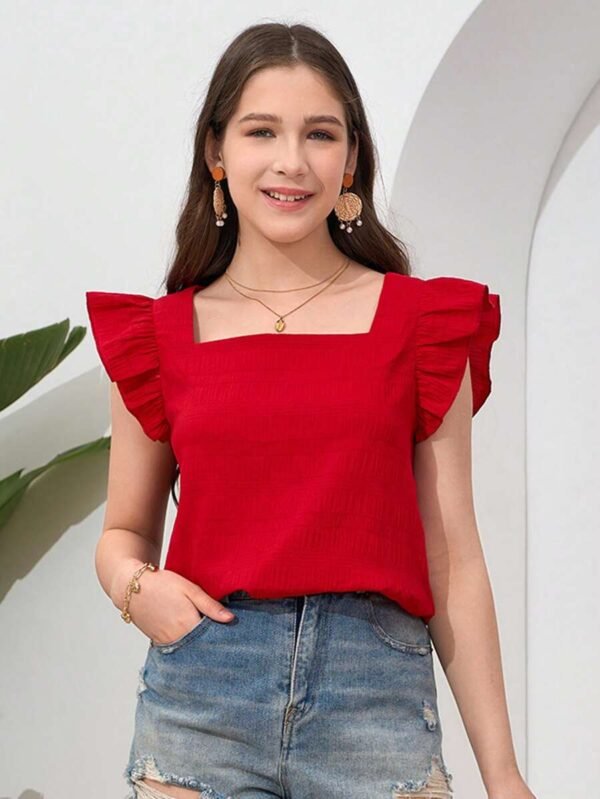 Camiseta casual tejida para chicas con cuello cuadrado y manga corta
