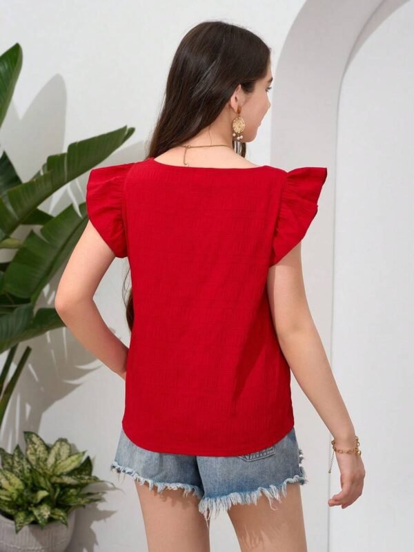 Camiseta casual tejida para chicas con cuello cuadrado y manga corta - Imagen 3