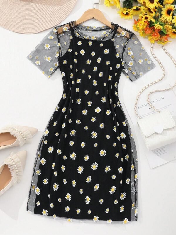 Conjunto de vestido de malla con estampado de margaritas para chicas