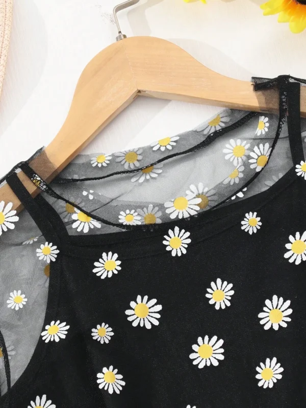 Conjunto de vestido de malla con estampado de margaritas para chicas - Imagen 3