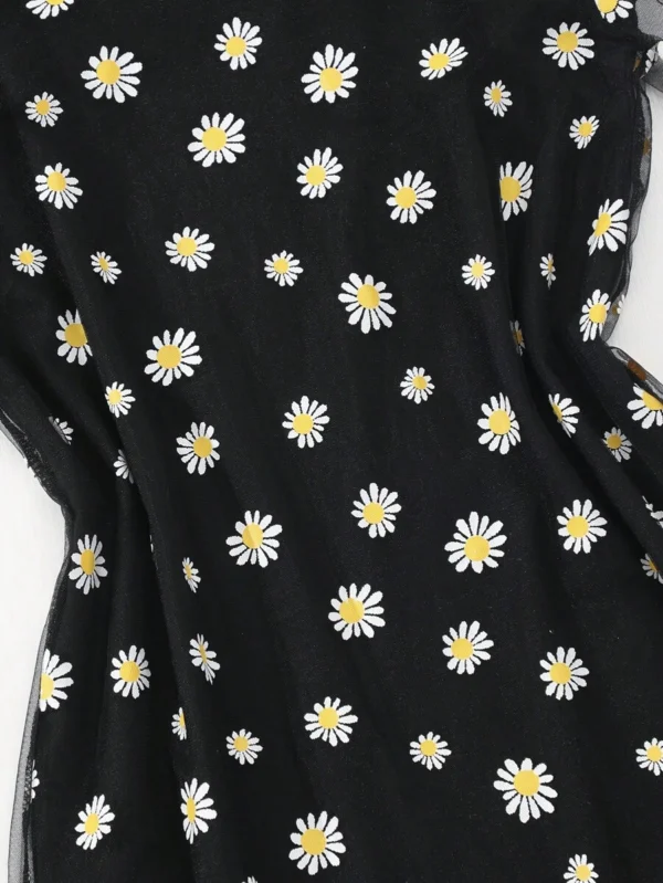 Conjunto de vestido de malla con estampado de margaritas para chicas - Imagen 2
