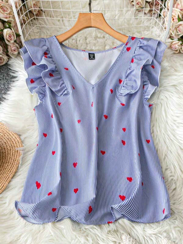 Blusa casual con cuello en V, volantes y rayas con diseño de corazón