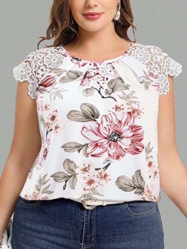 Blusa de mujer con estampado romántico de encaje y parches