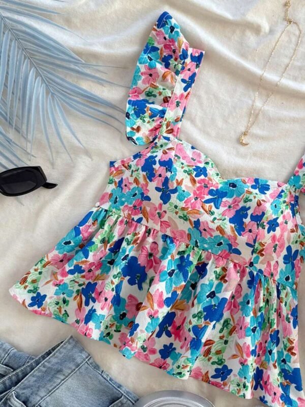 Blusa de mujer con manga corta y estampado floral de color contrastante - Imagen 2