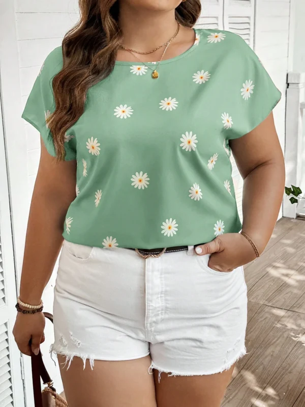 Blusa casual de manga corta con cuello redondo y estampado floral