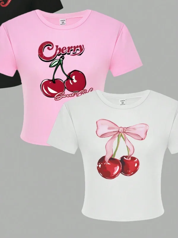 Blusas de verano para adolescentes color rosa/blanco/negro con estampado - Imagen 2