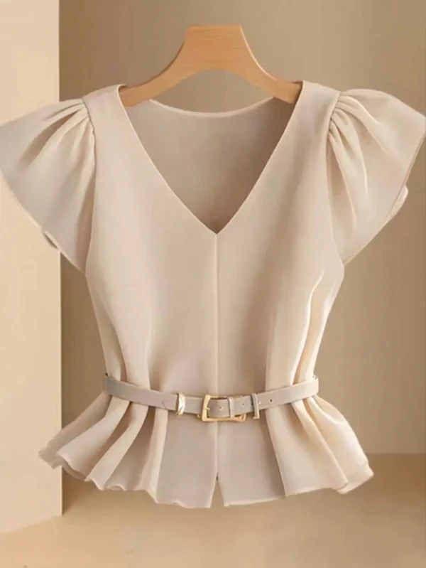 Blusa beis de mujer de escote en V, simple y elegante