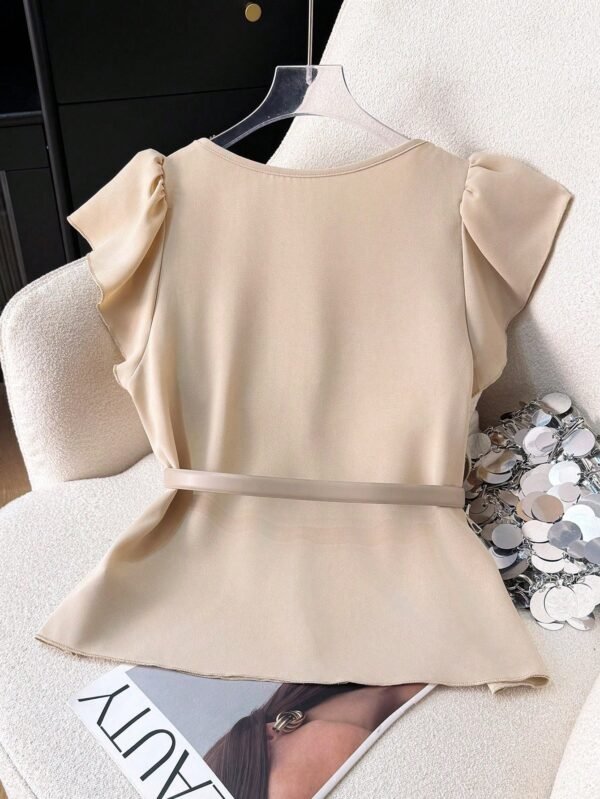 Blusa beis de mujer de escote en V, simple y elegante - Imagen 2