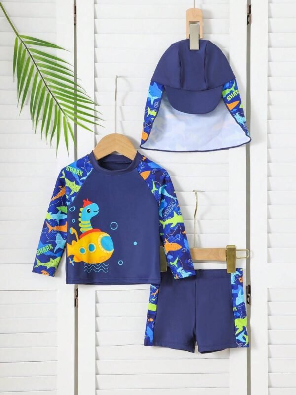 Conjunto de 2 piezas con pantalones de baño de manga larga y estampado de tiburón