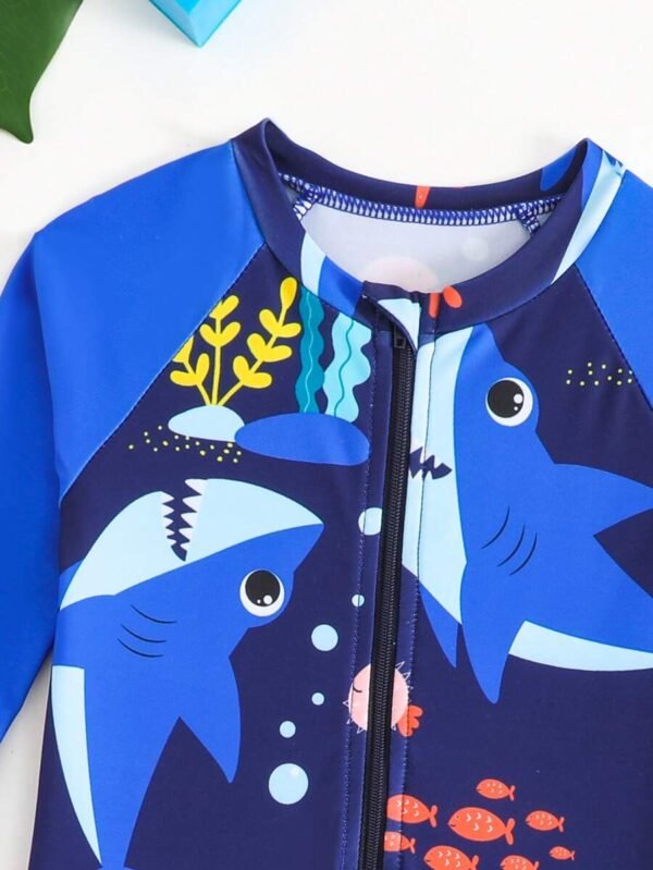 Traje de baño de una pieza para bebé con cremallera, estampado de tiburón con diseño - Imagen 3