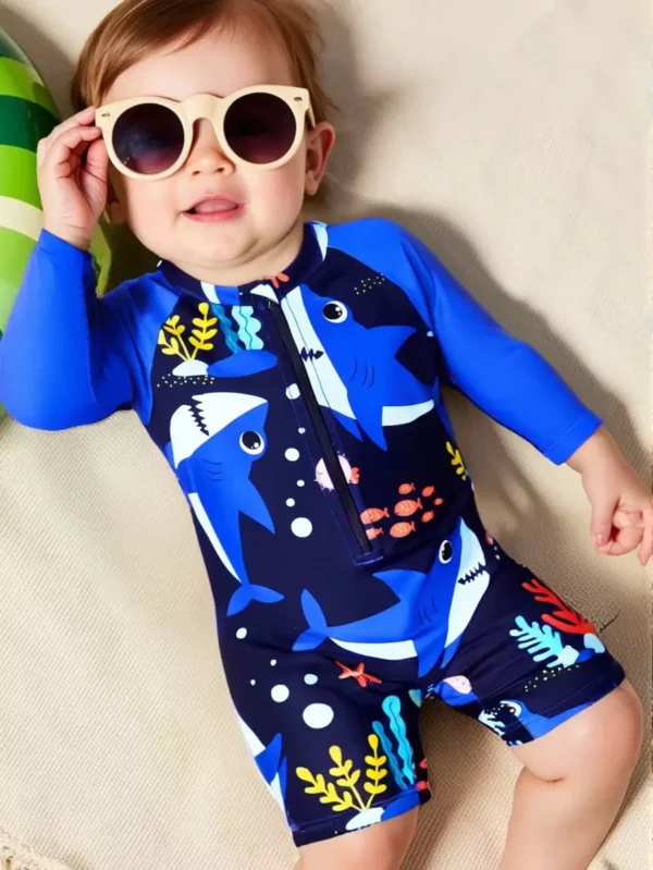 Traje de baño de una pieza para bebé con cremallera, estampado de tiburón con diseño