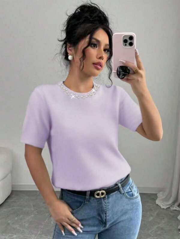Blusa elegante de mujer de manga corta con decoración de perlas