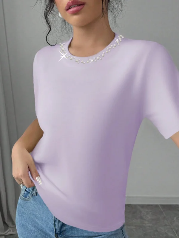 Blusa elegante de mujer de manga corta con decoración de perlas - Imagen 2