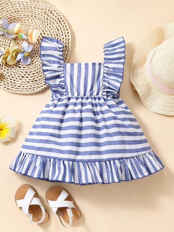 Vestido Con Rayas, Lazo En La Parte Delantera Y Borde Con Volantes Para Niña - Imagen 3