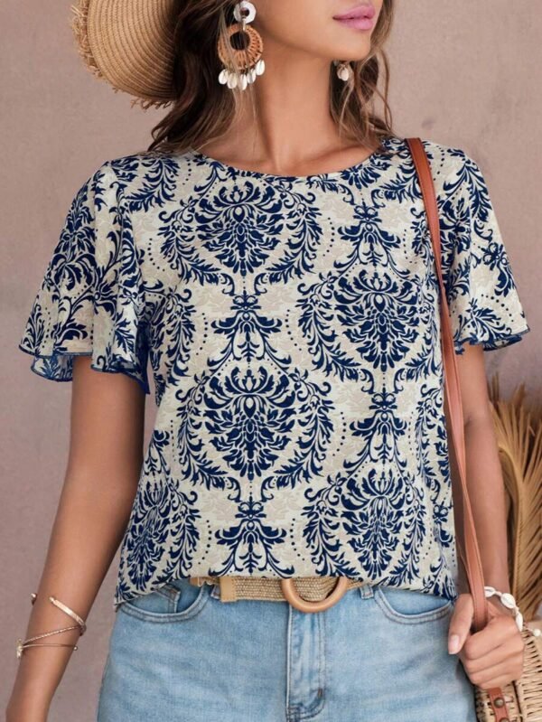 Blusa De Cuello Redondo Con Mangas De Vuelo