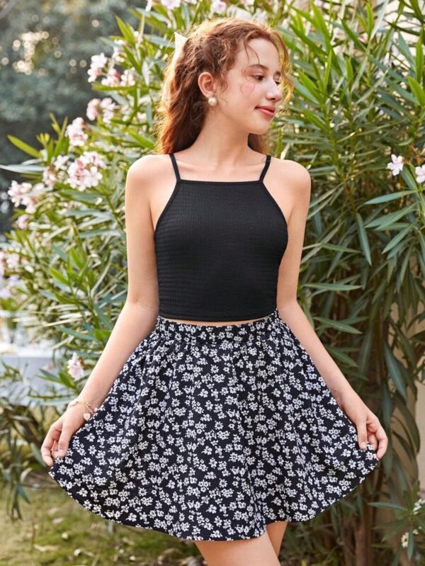 Top De Punto Jacquard De Color Sólido Y Falda Con Estampado Floral