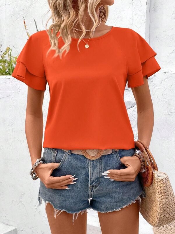 Blusa casual de cuello redondo, manga de loto - Imagen 2
