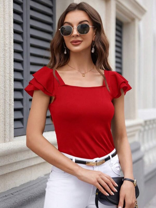 Camiseta de mujer de cuello cuadrado sencillo de manga corta - Imagen 2