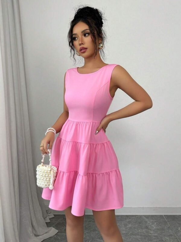 Vestido midi elegante para mujer de unicolor con cintura ajustada - Imagen 2