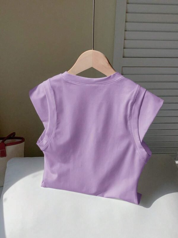 Camiseta casual de cuello redondo y hombros caídos de color liso para mujer - Imagen 3