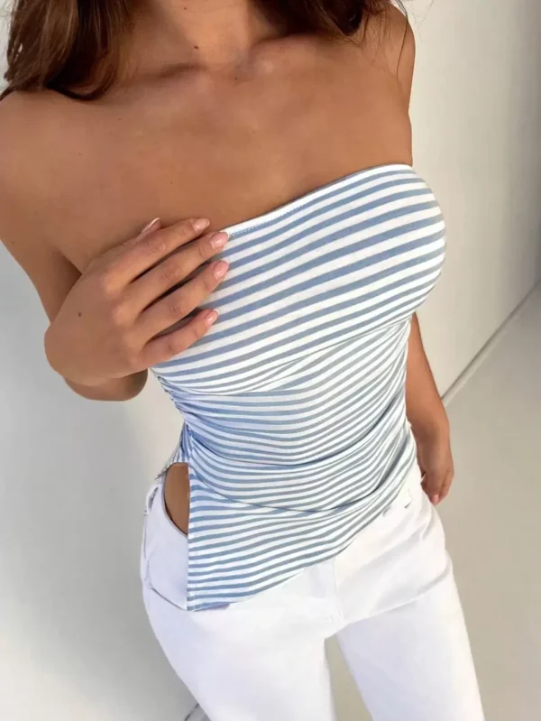 Camisa de mujer a rayas asimétrica con diseño sin hombro